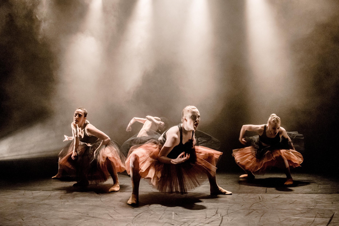 4 contemporary dancers from Scottish Dance Theatre in tutus designed by Alison Brown Costume Designer for Choreographer Botis Seva.